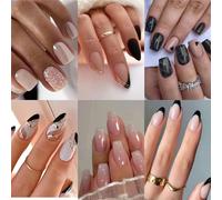 6 Packs (144 Pieces) French Lace False Nails Square Tip Medium Almond Nails False Nails with Glue 24 Pieces in a Box Set