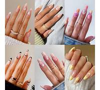 6 Packs (144 Pieces) Press On Nails Medium Design Misssix Short False Nails Almond Stick On Nail File for Women