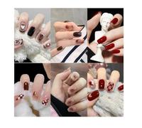 6 Packs(144Pcs) Salon Acrylic Press On Nails, Glossy Glitter Color Gradient fake Nails short, Square Shape,6 bottles of Glue,1 Prep Pad,1 Jelly Adhesive Tape,1 Manicure Stick,1 Mini File, Red