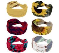 6 Packs Beautiful Sunflower Pattern Soft Wide Headband, Headbands for Women Girls, Stretchy Knotted Headwraps, Fashion Sports Hairdband for Workout Yoga, Gym, Running