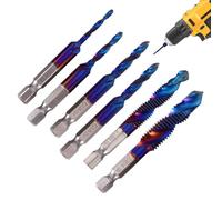 6 Packs Combination Drill & Taps Bit Set - HSS Tap Drill Bit Set, Screw Tapping Threading Tools, M3 M4 M5 M6 M8 M10 Titanium Coated, 6mm Metric Hex Shank Screw Taps Tool Set (Blue, Long)