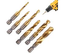 6 Packs Combination Drill & Taps Bit Set - HSS Tap Drill Bit Set, Screw Tapping Threading Tools, M3 M4 M5 M6 M8 M10 Titanium Coated, 6mm Metric Hex Shank Screw Taps Tool Set (Gold, Short)