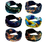 6 Packs Flowers with Butterfly in the Sky Stars Soft Turban Headbands, Headbands for Women Workout, Fashion Wide Hairbands, Non Slip Stretchy Head Wraps