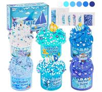 6 Packs Gradient Blue Slime Kit - Cloud Slime, Butter Slime & Clear Slime, Crunchy Slime for Kids with Various Slime Add-ins, Non Sticky Slime Party Favors for Girls and Boys, 360ml Kids Slime (Ocean)