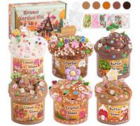 6 Packs Gradient Brown Slime Kit - Cloud, Butter & Clear Slime With Crunchy Add-ins, Fluffy Slime for Girls & Boys Party Bag Fillers, 360ml Making Kit (Garden)