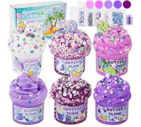 6 Packs Gradient Purple Slime Kit - Cloud, Butter & Clear Slime With Beach Add-ins, Fluffy Slime for Girls & Boys Party Bag Fillers, 360ml Making Kit