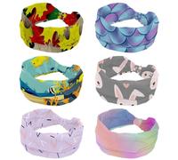 6 Packs Mermaid Scale Blue Wide Headbands for Women Non Slip, Workout Headband, Elastic Hair Bands, Sweat Yoga Hairband, Knotted Head Wraps for Girl Ladies