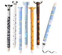 6 Packs of Erasable Pens Black, 0.5mmTip Rub out Pens with Thermosensitive Erase Ink, Cute Animal Designs for Student Stationery Office Supplies, Elk, Panda, Zebra, Elephant, Monkey, Sika Deer