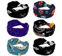 6 Packs Outer Spaceship Rocket Stars Planet Soft Wide Headband, Headbands for Women Girls, Stretchy Knotted Headwraps, Fashion Sports Hairdband for Workout Yoga, Gym, Running