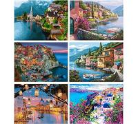 6 Packs Paint by Number for Adults,DIY Seaside City Landscape Paint by Numbers Kits for Adults Beginners,Watercolor Oil Painting Craft Art for Gift and Home Wall Decor 12X16Inch