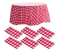 6 Packs Premium Round Checkered Red Gingham Plastic Tablecloth - 84 Inch Round Table Cover, Disposable Round White Table Cloth-Decorative Smooth Table Covers For Parties, BBQ, Indoor and Outdoor