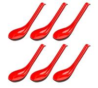 6 Packs Rice Spoons Ramen Noodle Soup Ladle Red Soup Spoons Serving Spoons Chinese Won Ton Soup Spoon Asian Plain Style Soup Spoons- Red and Black