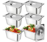 6 Packs Stainless Steel Hotel Pans with Lids Steam Table Commercial Food Storage Containers Stackable Metal Steamer Anti-Jam Restaurant Warm Pans (21 x 11.5 x 14.5 cm)