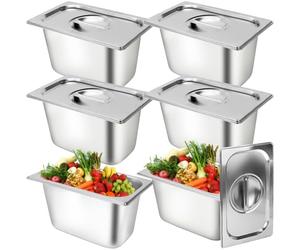 6 Packs Stainless Steel Hotel Pans with Lids Steam Table Commercial Food Storage Containers Stackable Metal Steamer Anti-Jam Restaurant Warm Pans (21 x 11.5 x 14.5 cm)