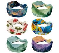 6 Packs Watercolor Landscape Mountains Forest Wide Headband, Elastic Hairband Headwear, Twist Head Wrap, Turban Headband, Hair Accessories for Women