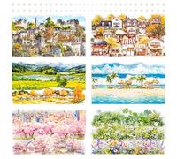 6 Packs Watercolor Scrapbook Sticker - Clear PET Strips in Nature, City, Cherry Blossom & Ocean Themes 55×180mm Decorative Stickers for Journals, Planners, Crafts, Collage & Card Making (Rhea)