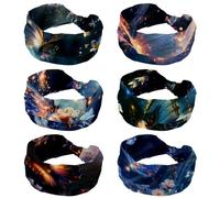 6 Packs Wide Headbands for Women, No Slip Turban Headband, Comfortable Knotted Hair Bands, Flowers with Butterfly in the Sky Shiny Trail Stretch Head Wrap, Fashion Hair Accessories