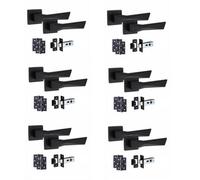6 Pair Modern Aura Matt Black Internal Door Handles Square Rose 3" Ball Bearing Hinges And 2.5" Tubular Latch - Golden Grace