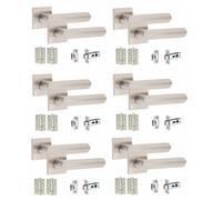 6 Pair Modern Lima Design Satin Nickel Internal Door Handles Square Rose 3" Ball Bearing Hinges And Tubular Latch - Golden Grace