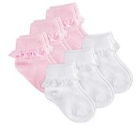 6 Pairs Babies Baby Girls Cotton Rich Socks Turn Over Top Plain White Pink 0-2.5