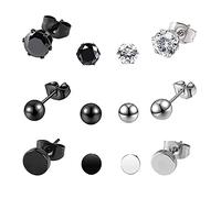 6 Pairs Black Stainless Steel Stud Earrings - CZ Cartilage Huggie Piercing with Dumbbell Barbell and Black Zircon for Women and Men