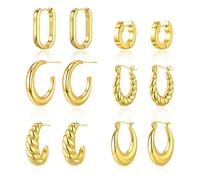 6 Pairs Chunky Hoop Earrings Set for Women 14K Gold Plated Hypoallergenic Hoops Open Twist Huggie Earrings Lightweight Thick Hoops for Everyday (Christmas/Valentines/Mothers Day Jewelry), Brass, No