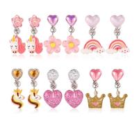 6 Pairs Clip On Drop Earrings, Colorful Non-Pierced Resin Unicorn Rainbow Crown Flower Heart Clip On Earrings for Girls Kids Dress Up Princess Jewelry Accessories