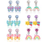 6 Pairs Colorful Clip on Drop Earrings Set, Resin No Pierced Design Kids Dangle Earrings Cute Butterfly Rainbow Cloud Ear Clips for Girl Child Children Toddler Party Daily Wearing Princess Jewelry