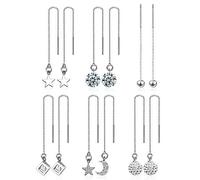 6 Pairs Crystal Threader Earrings Set Star Moon Threader Earrings Crystal Ball Drop Earrings Chain Needle Drop Pull Through Earrings for Women Jewelry