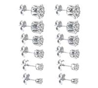 6 Pairs Cubic Zirconia Stud Earrings for Men & Women, Hypoallergenic 316L Stainless Steel, Six Claw Silver,3-8MM
