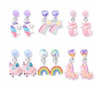 6 Pairs Cute Unicorn Clip On Stud Earrings for Teens & Adults, Pastel Resin Charm Earrings with Iridescent Beads, Non Pierced Jewellery for Daily Wear, Parties & Styling