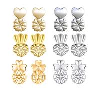 6 Pairs Earring Lifters, Adjustable Hypoallergenic Earring Secure Backs, 18K Gold Plated, Sterling Silver, Heart-Shaped, Crown & Clover Style