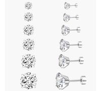 6 Pairs Flat Back Earring Stud Set for Women Men,316L Hypoallergenic Cubic Zirconia Earrings Stainless Steel CZ Earrings 3-8mm (Flat Lock), middle size, Hypoallergenic surgical steel, Cubic Zirconia