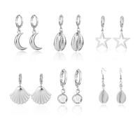 6 Pairs Gold Summer Beach Dangle Hoop Earrings Minimalist Silver Moon Star Shell Hoop Earrings Dainty Trendy Dangle Hoop Earrings for Women, Zinc, No Gemstone