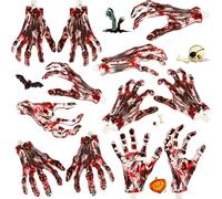 6 Pairs Halloween Bloody Skeleton Hands Halloween Realistic Severed Hand Accessories Plastic Red Skull Hands for Prop Decorations Halloween
