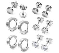 6 Pairs Men's Stainless Steel Earrings - Studs, Barbell, Ear Hoops for Men & Boys in silver- mens earrings
