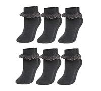 6 Pairs Of Girls Lace Socks, Children's Frilly Ankle School Socks By Sock Stack, Grey, 12/3