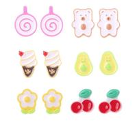 6 Pairs Plastic Earrings for Sensitive Ears, Cute Stud Earrings Hoop Dangle Fruit Cherry Bear Ice Cream Pear & Flower Designs Kids Jewelry for Girls Women