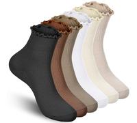 6 Pairs Ruffle Socks Women, Frilly Ankle Cotton Cute Crew Sock Breathable Short Lettuce Edge Sock Soft Knit Ruffled Lightweight Pairs with All Shoes Clothes (White Skin Black Cream Khaki Coffee)