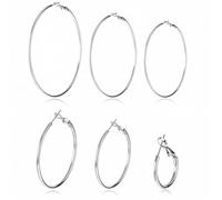 6 Pairs Silver Hoop Earrings, Stainless Steel Earrings Big Hoop Earring Lightweight Dangle Earring Set Big Silver Hoops for Women 20/30/40/50/60/70mm
