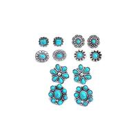 6 Pairs Silver Turquoise Stud Earrings for Women Small Dainty Flower Western Country Earrings Cute Boho Jewelry Gift, 2XL, Metal, No Gemstone
