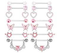 6 Pairs Stainless Steel Nipple Bars 14G Nipple Piercing Jewellery for Women Nipple Rings Silver Pink Straight Barbell with Heart Round Cubic Zirconia Tongue Bars Rings Body Piercing Jewellery (Pink)
