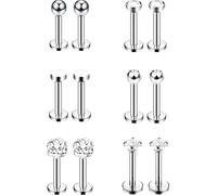 6 Pairs Stainless Steel Nose Studs Tragus Bars Labret Bars Crystal Ball Body Piercing Jewelry, 6 Designs, 16 Gauge (Silver)