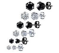 6 Pairs Stainless Steel Round CZ Stud Earrings Set for Women Men Black White 3-8mm Cubic Zirconia Stud Earrings