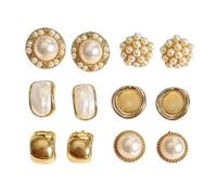 6 Pairs Stud Earrings for Women High Gloss Imitation Pearl Faux Opal Round Square Geometric Design Gold Plated Versatile Fashion Jewelry Gift Set