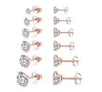 6 Pairs Stud Earrings Set,Hypoallergenic Cubic Zirconia 316L Stainless Steel CZ 3-8mm Earrings for Men,Women,Boys & Girls (Rose Gold)
