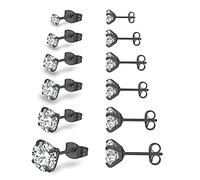 6 Pairs Stud Earrings Set,Hypoallergenic Cubic Zirconia 316L Stainless Steel CZ 3-8mm Earrings for Men,Women,Boys & Girls (Black)