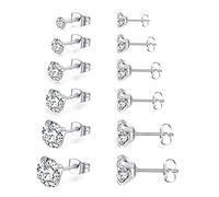 6 Pairs Stud Earrings Set,Hypoallergenic Cubic Zirconia 316L Stainless Steel CZ 3-8mm Earrings for Men,Women,Boys & Girls (Silver)
