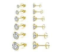 6 Pairs Stud Earrings Set,Hypoallergenic Cubic Zirconia 316L Stainless Steel CZ 3-8mm Earrings for Men,Women,Boys & Girls (Gold)