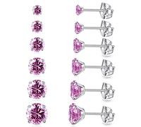 6 Pairs Stud Earrings Set, Hypoallergenic Cubic Zirconia Earrings 316L Stainless Steel CZ Earrings 3-8mm (Pink CZ)